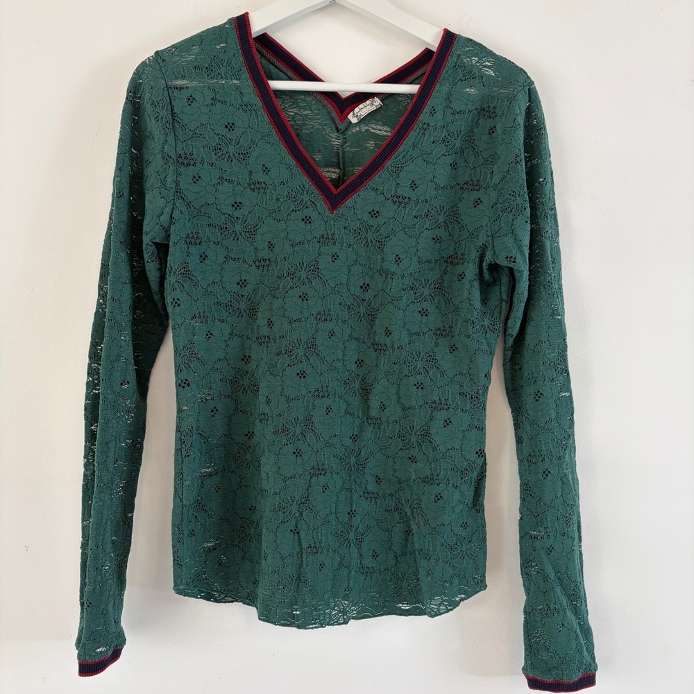 Intimately Free People‎ Green Lace Long Sleeve V Neck Top Shirt Womens S P